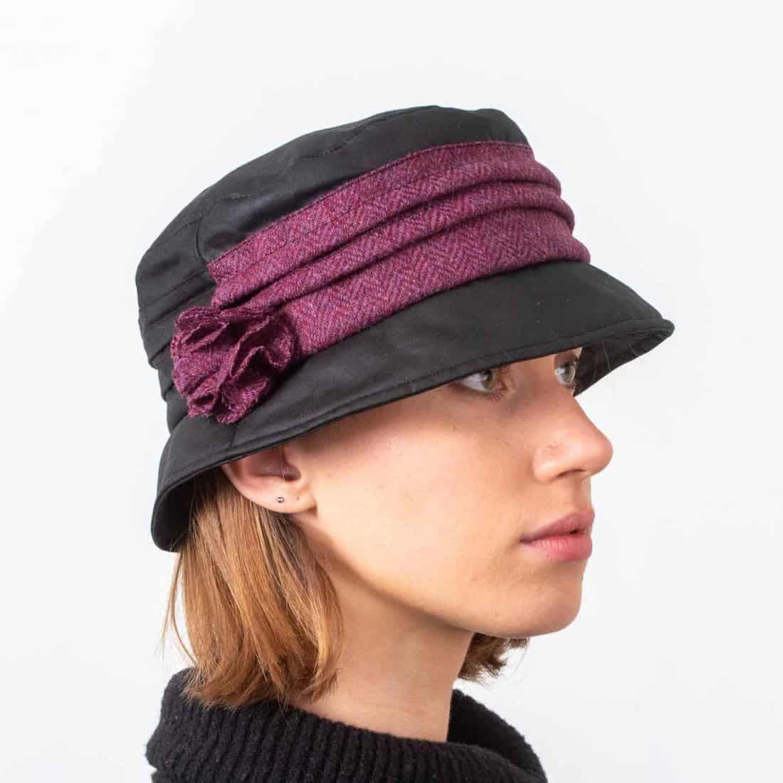Katie Women’s Wax Hat – Black with Plum Tweed Band