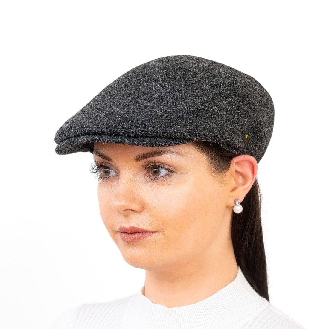 Irish Tweed Stretch-Fit Flat Cap - Charcoal Herringbone - Aran Model