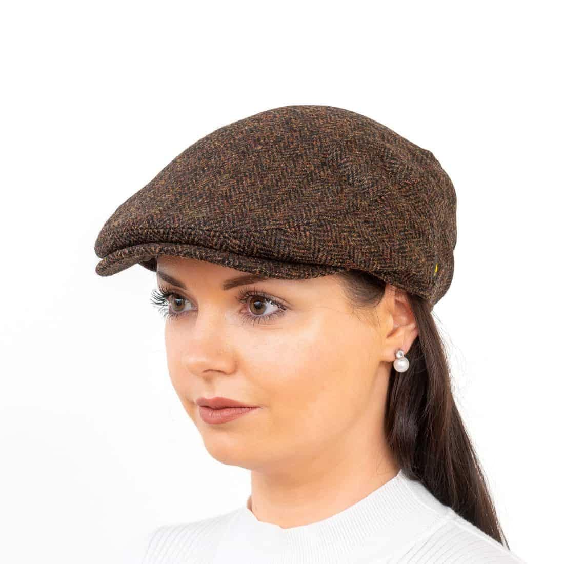 Irish Tweed Stretch-Fit Flat Cap - Whiskey Herringbone - Aran Model