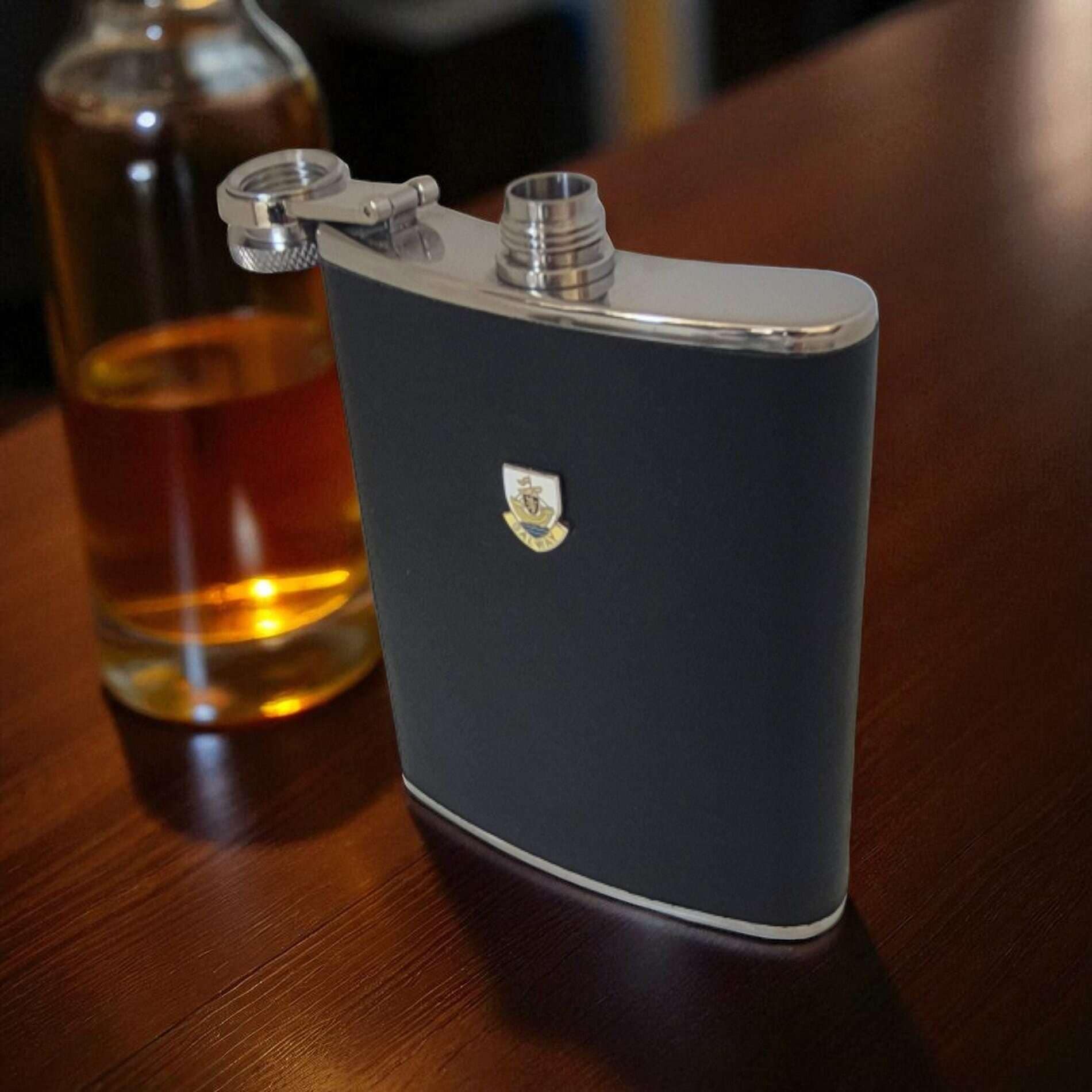 Galway Crest Hip Flask – 6oz Stainless Steel with Leather Wrap - Image 2