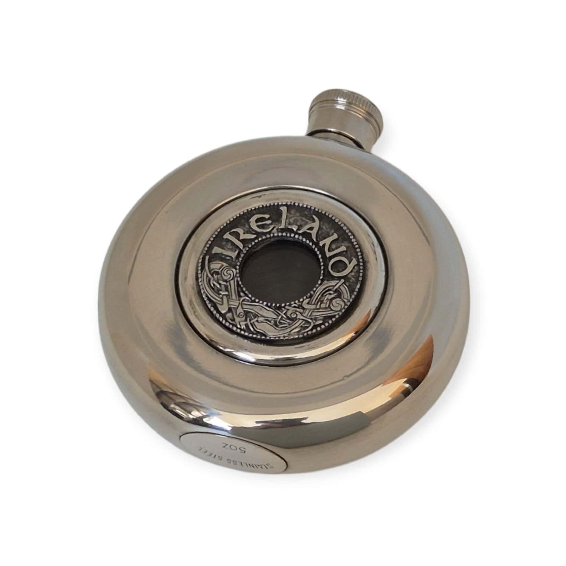 Round Irish Whiskey Flask – Ireland Kells Design Mullingar Pewter - Image 3