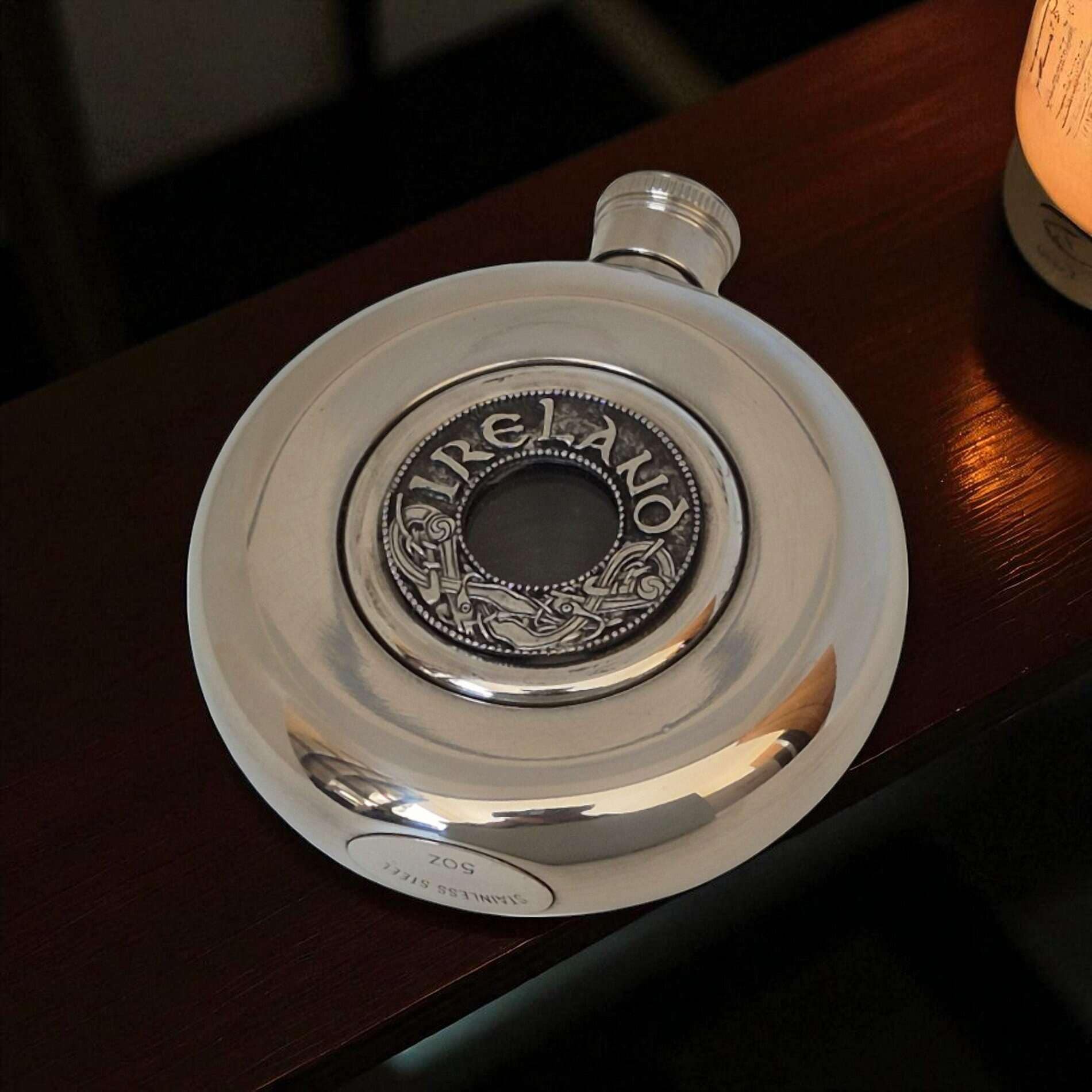 Round Irish Whiskey Flask – Ireland Kells Design Mullingar Pewter - Image 2