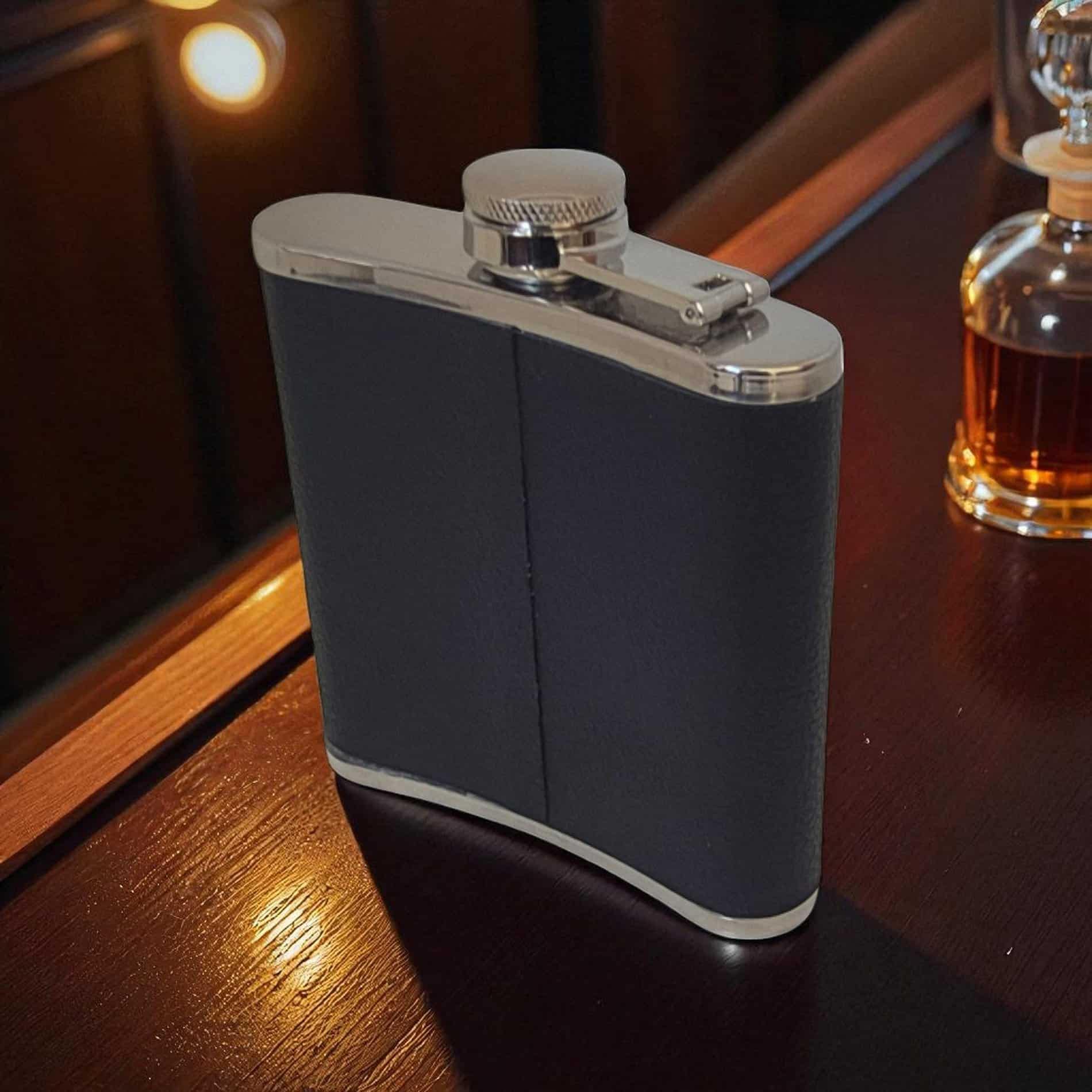 Engravable Hip Flask – 6oz Stainless Steel with Leatherette Wrap - Image 3