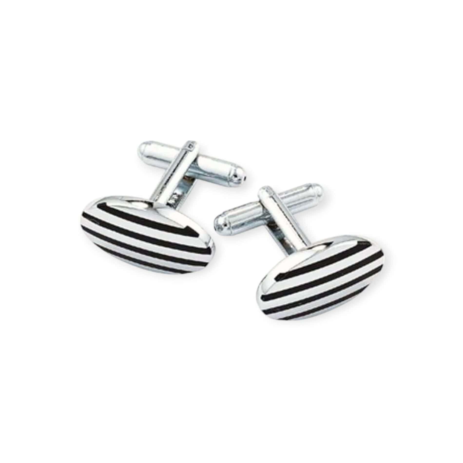 Oval Black Stripe Cufflinks – Silver Tone Dress Design - Image 3