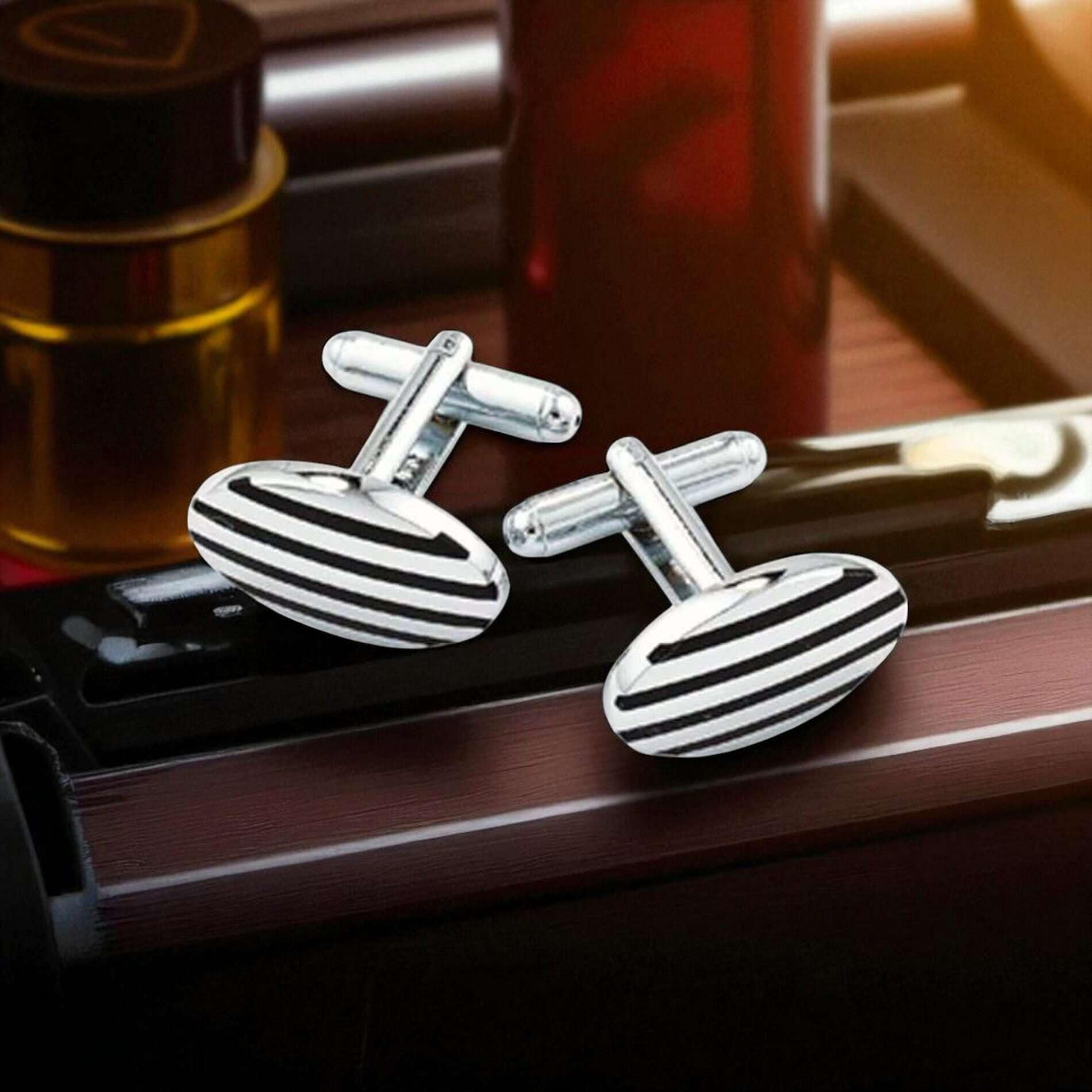Oval Black Stripe Cufflinks – Silver Tone Dress Design - Image 4