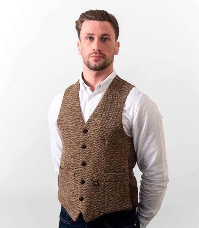 Irish Donegal Tweed Vest Waistcoat - Brown Herringbone
